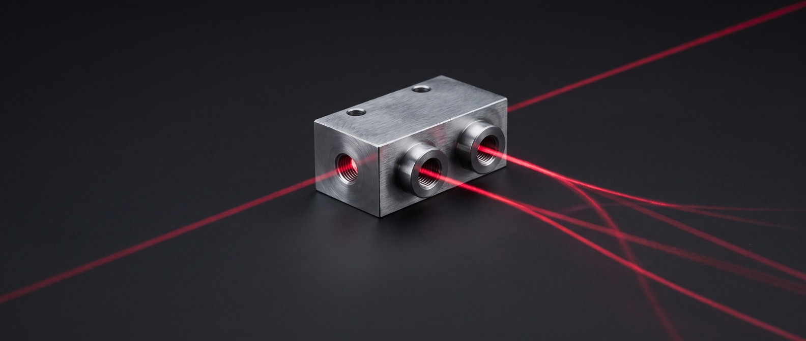 A machined steel manifold block on a dark ground, one red light line entering a single face and leaving through several divergent outlets.