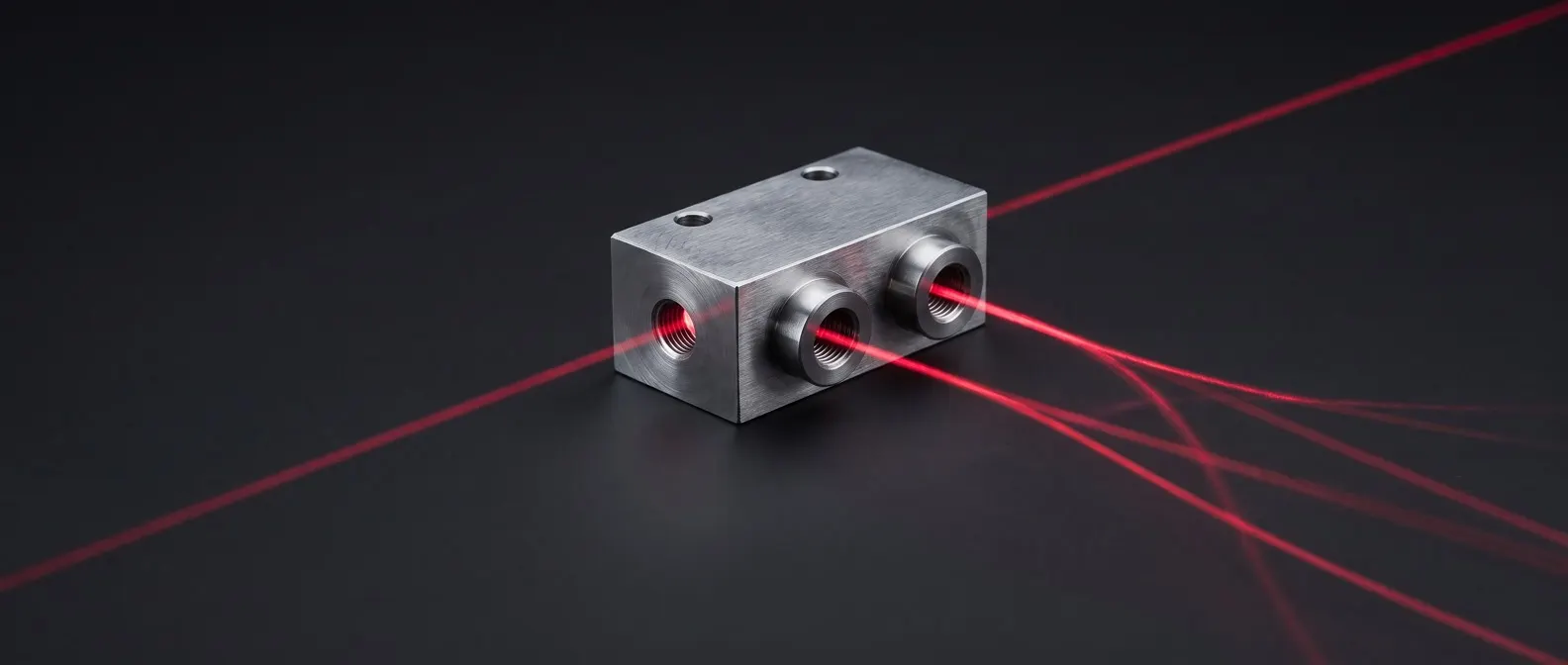 A machined steel manifold block on a dark ground, one red light line entering a single face and leaving through several divergent outlets.