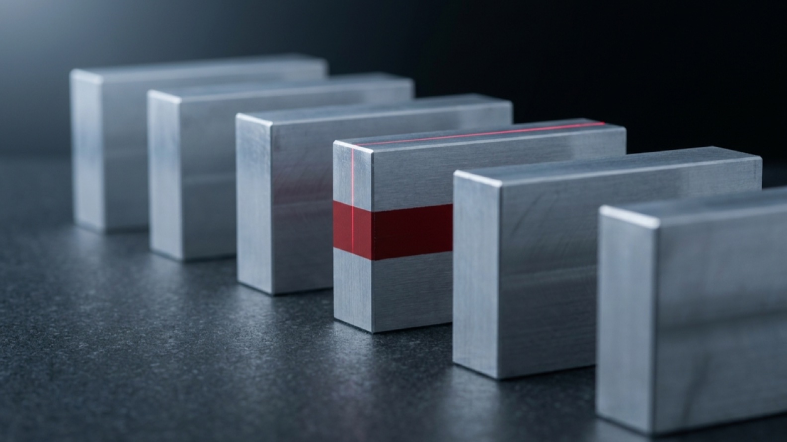 Six identical machined steel blanks standing in a row on a dark ground, one of them carrying a painted red witness stripe across its face.