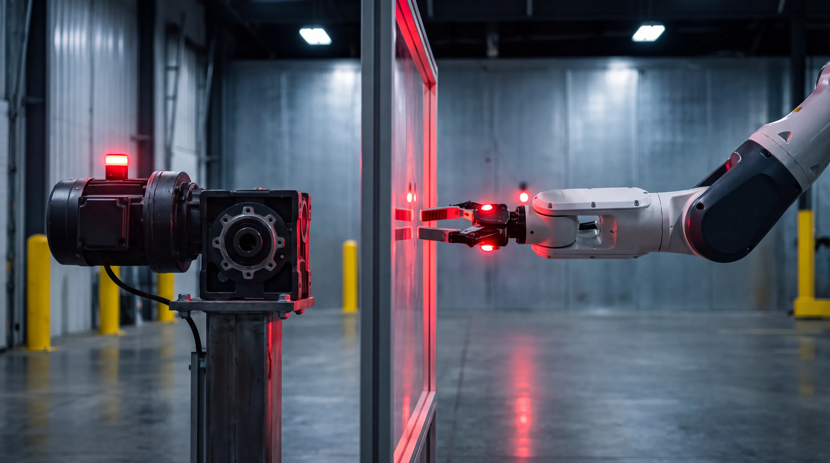A white robotic arm reaching toward a certified industrial gearbox, stopped short by a glowing red safety barrier standing between them.