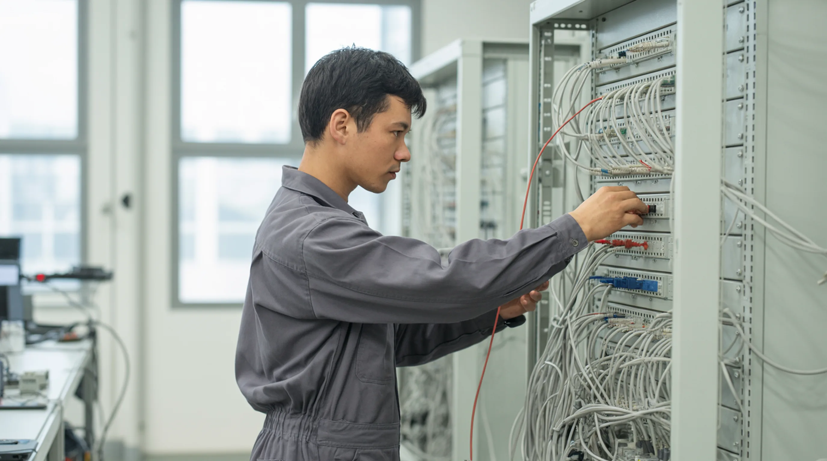 A technician patching cables into an industrial control cabinet, a single red patch cable running among the white and grey wiring.