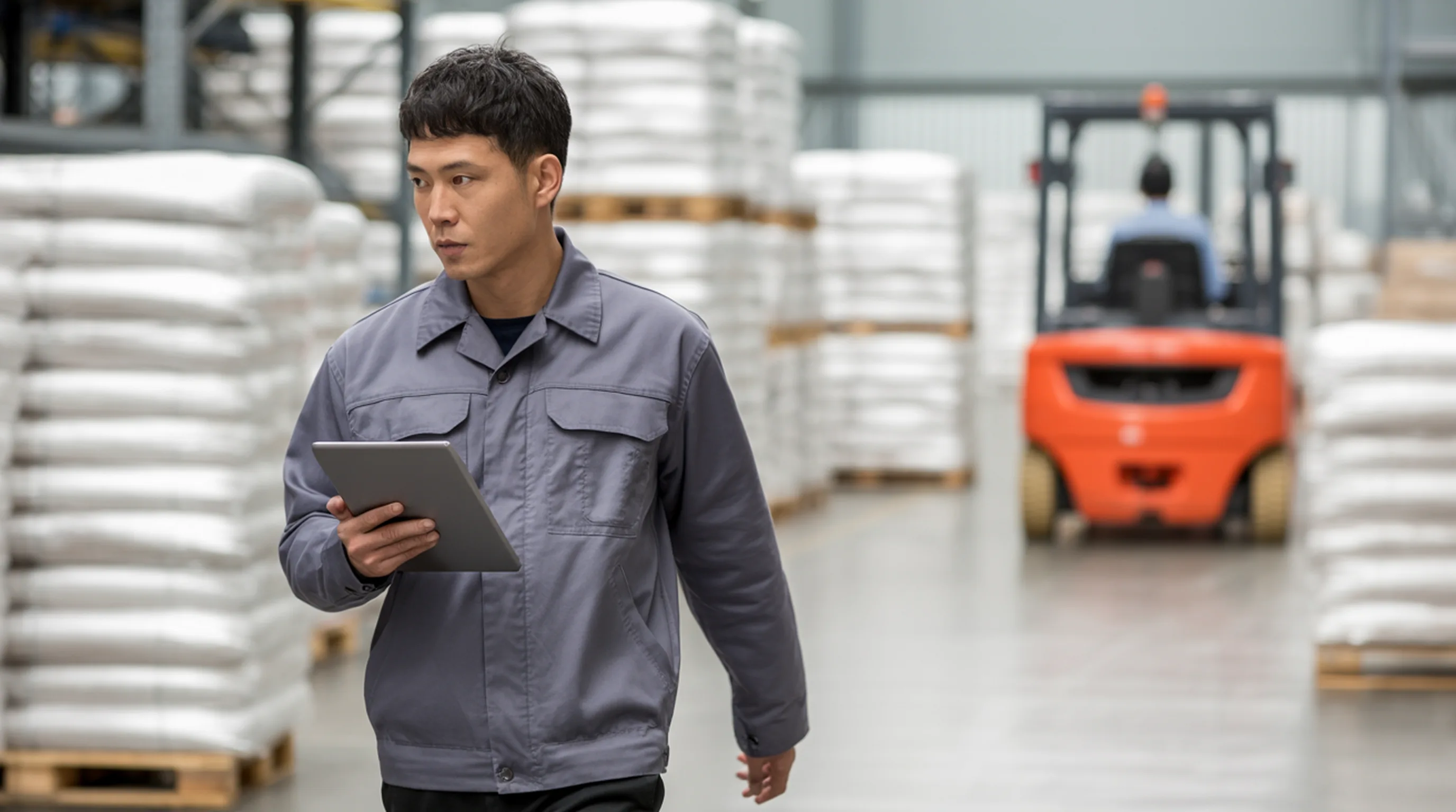 An operations professional walking a warehouse floor with a tablet, stacked pallets around him and a red forklift in the background.