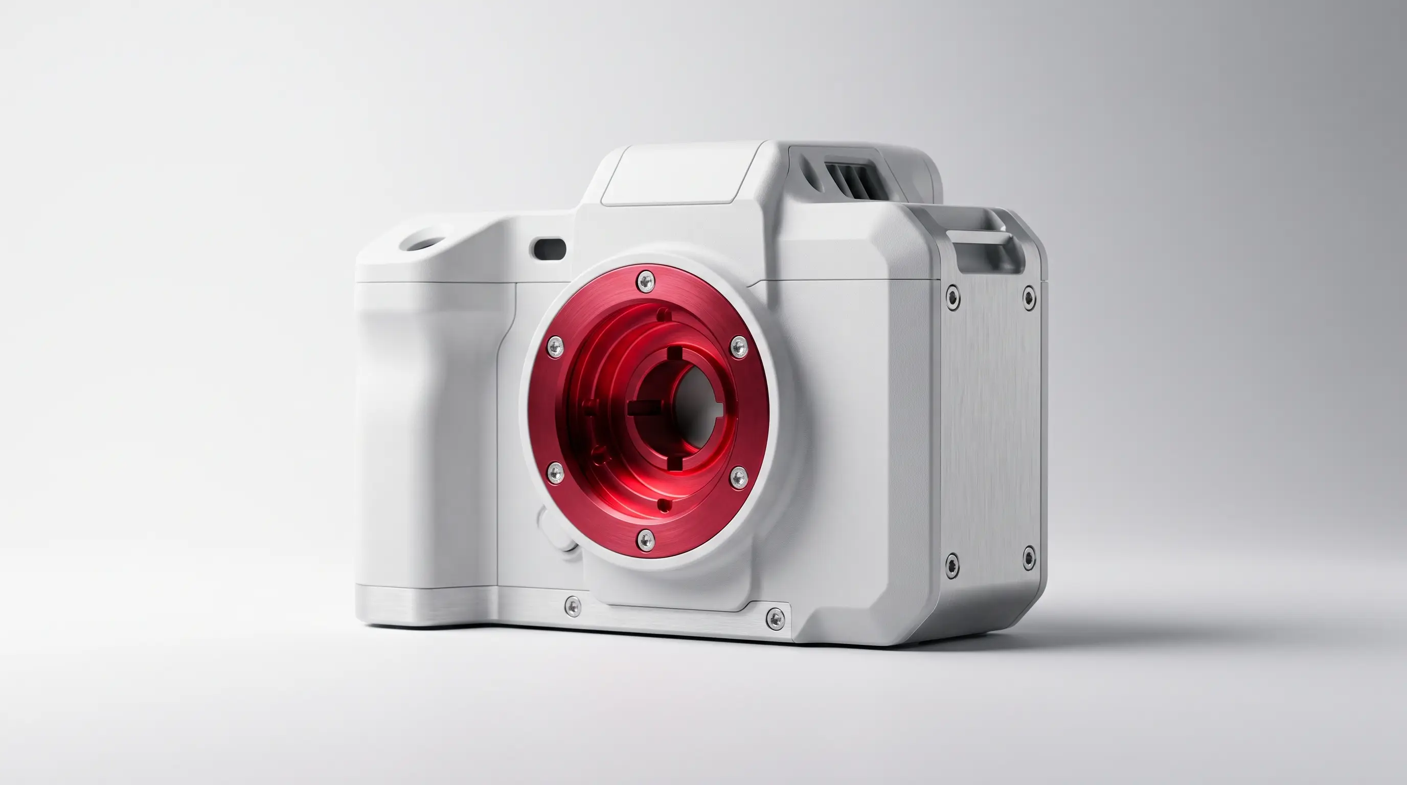 A matte white machined enclosure with a recessed keyed access port on its face, the port ring red and lit from within.