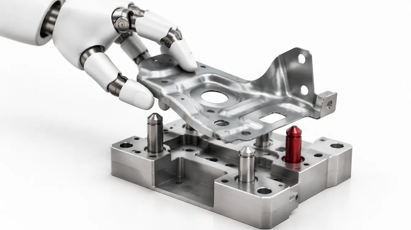 A white robotic hand seating a pressed steel body bracket onto a machined locating fixture, one locating pin anodised red.