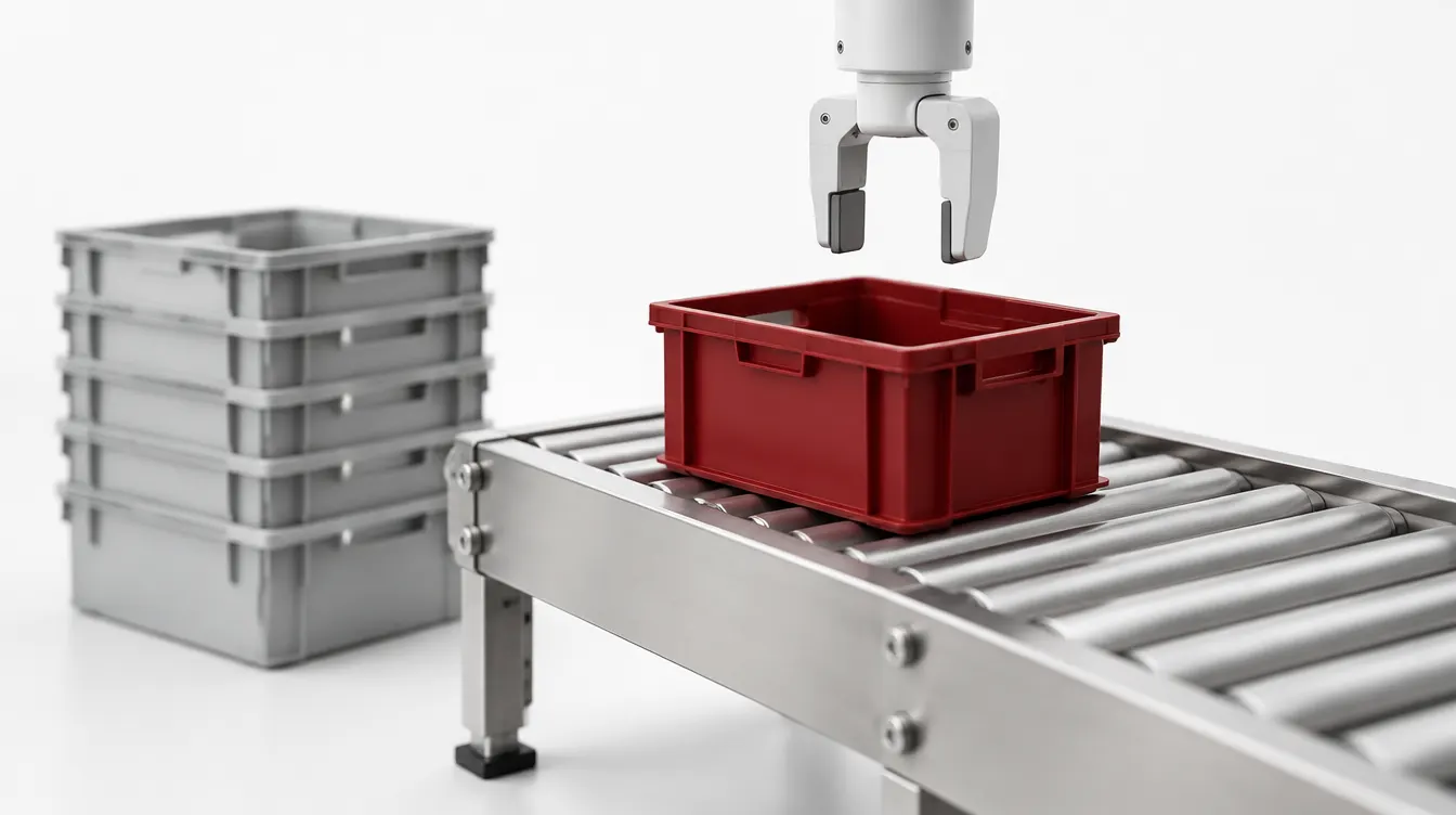 A white two-finger gripper above a red tote on a steel roller conveyor, a stack of grey totes beside it.