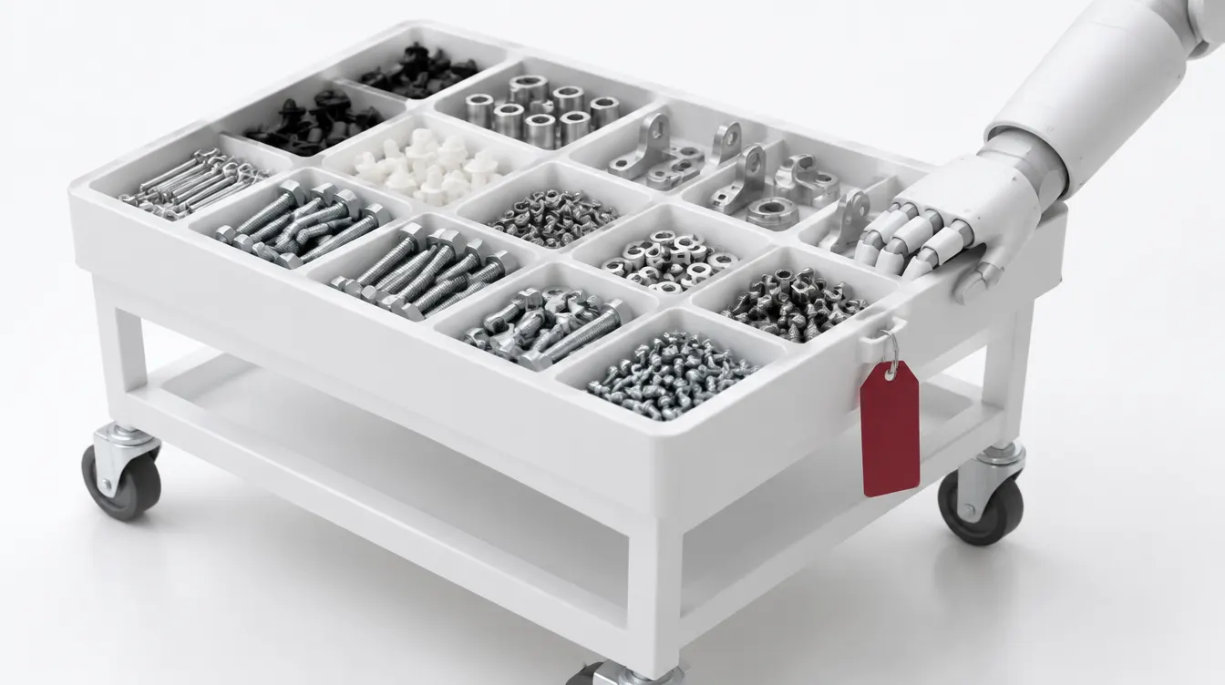 A white kitting trolley with sorted fasteners and clips in compartments, a robotic hand at its edge and a red inspection tag hanging from it.