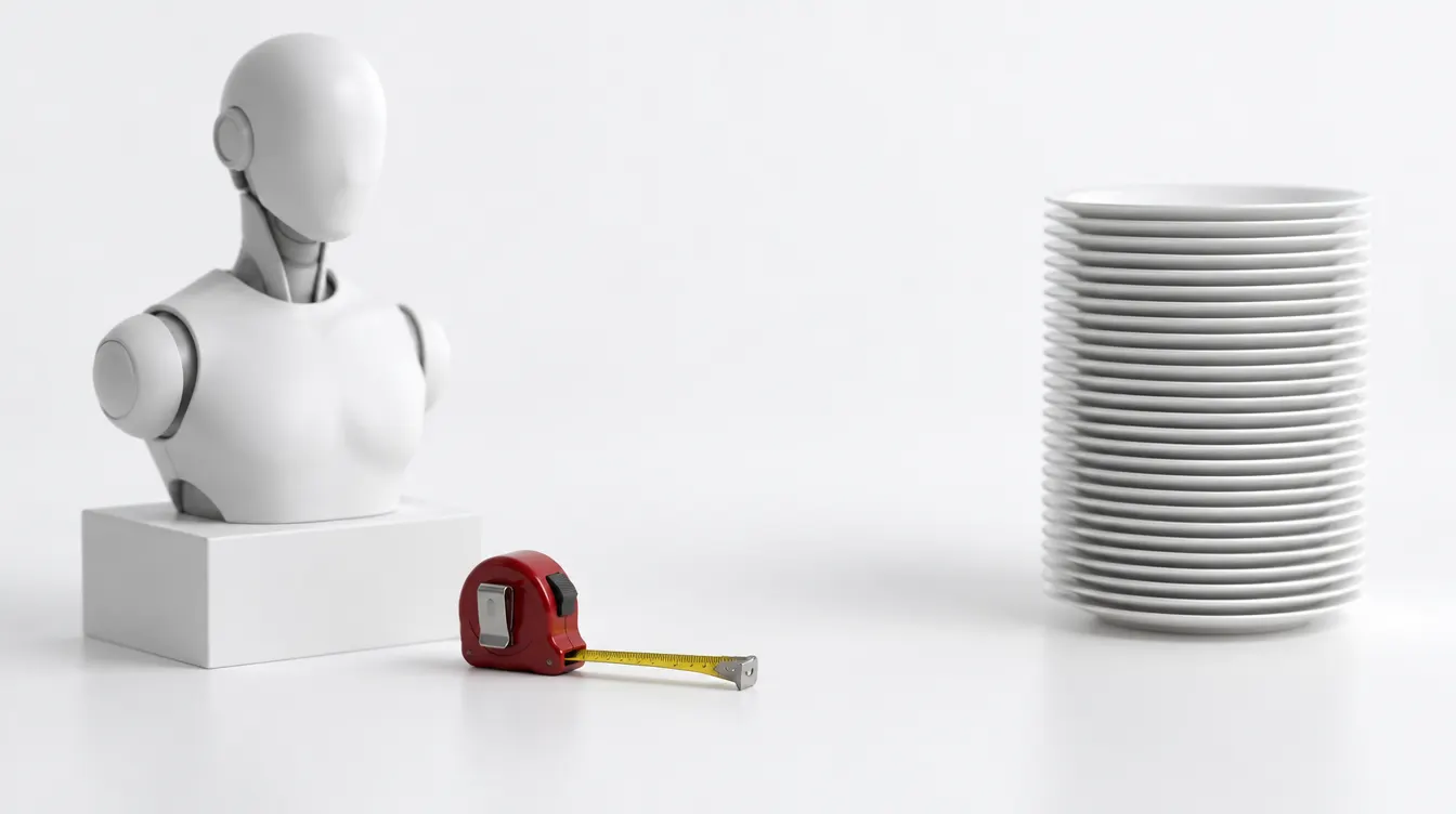 A featureless white humanoid bust on a plinth, a red tape measure pulled out a short way across the floor towards a tall stack of white plates.