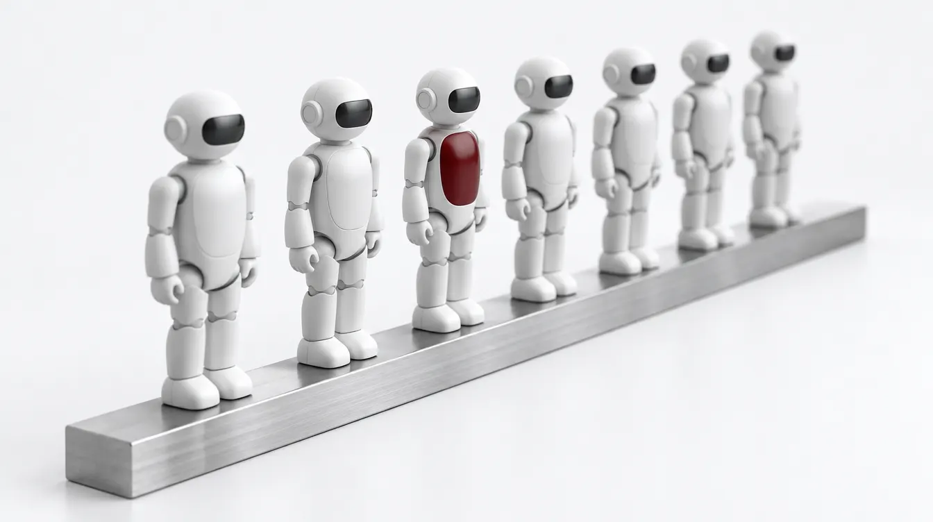 Seven identical small white humanoid figures standing in a row along a steel rail, the third with a red chest panel.
