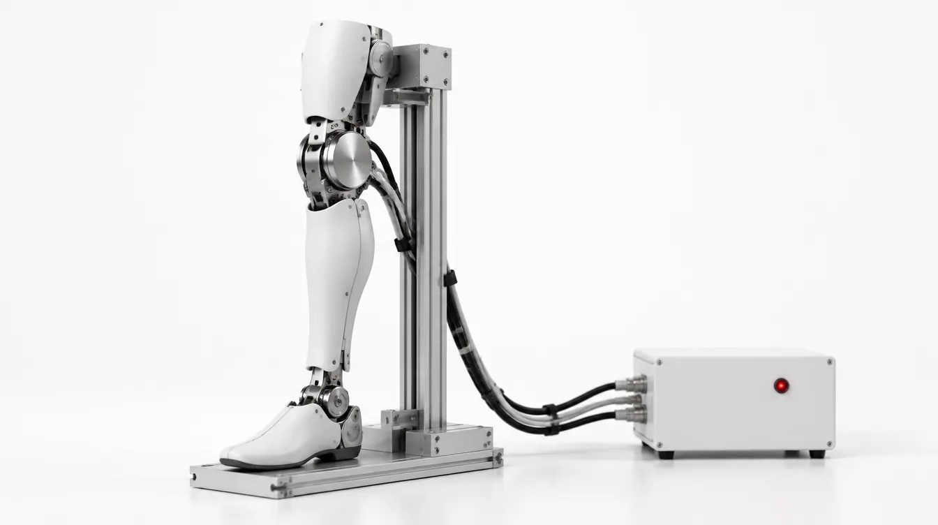 A white robotic leg mounted in an aluminium test stand, cabled to a small white control box with a red status light.