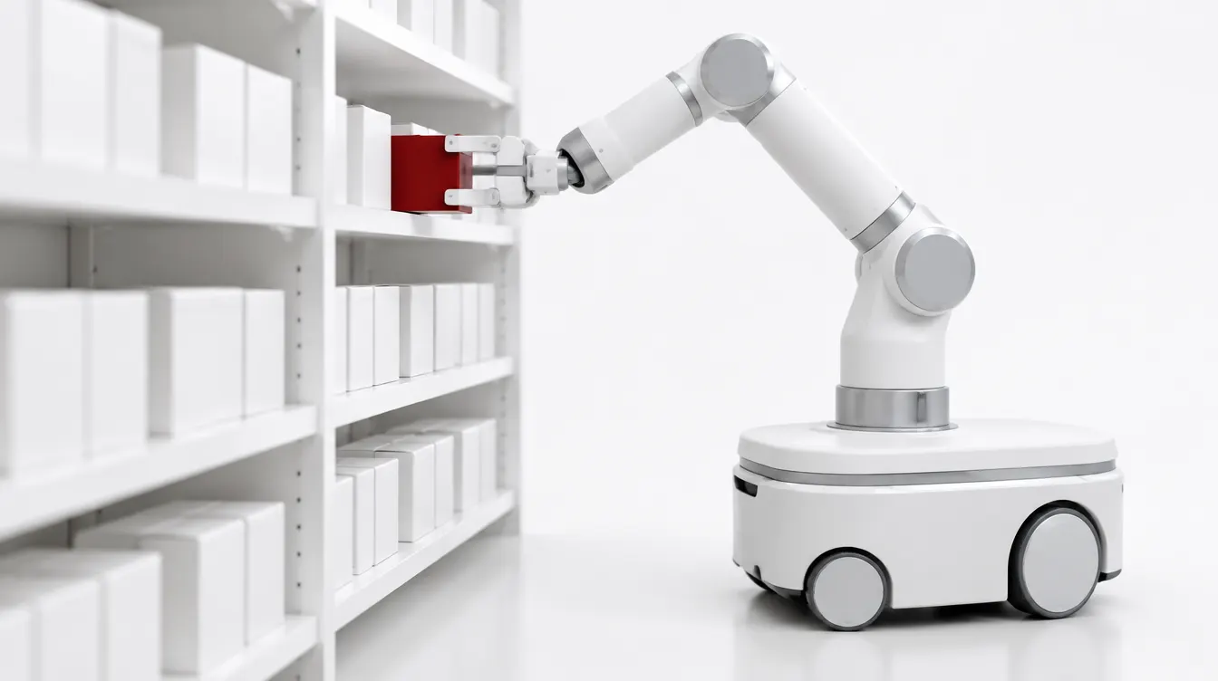 A white robot arm on a wheeled base picking a single red box from shelves of plain white medicine boxes.