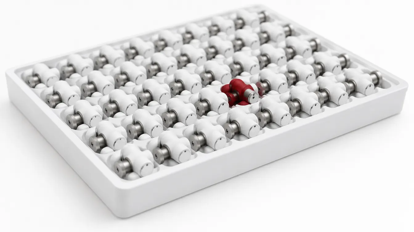 A white production tray holding a grid of identical small robotic joint actuators, one of them red.