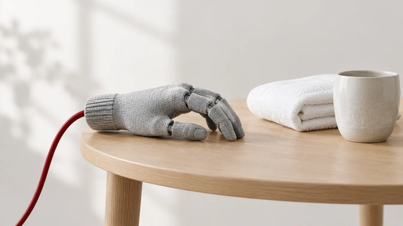 A grey knit-covered robotic hand resting on an oak side table beside a folded towel and a cup, a red cable trailing from its wrist out of frame.