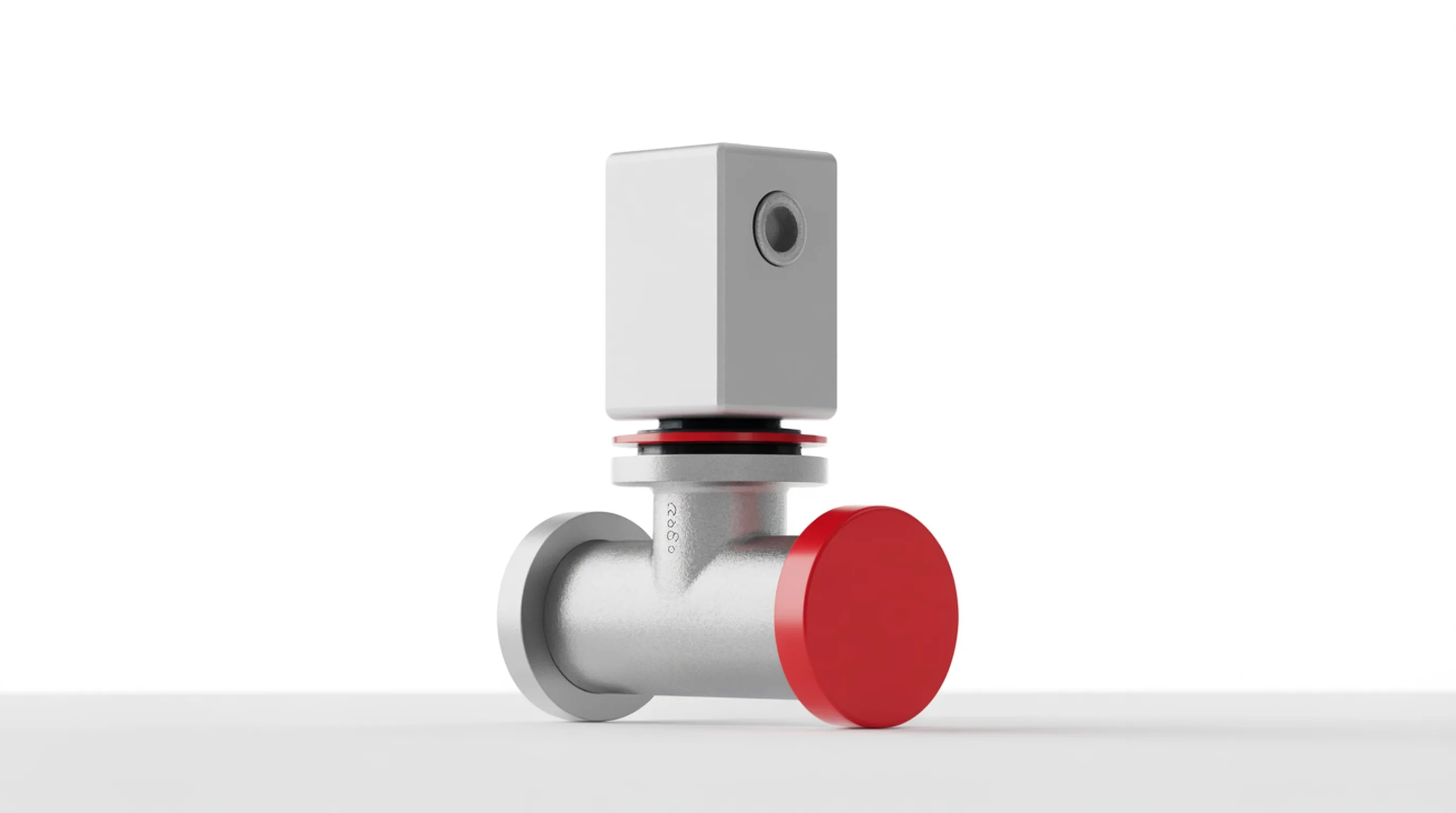 A small white machined sensor module mounted on an aged industrial valve, the two joined by a single red sealing ring.