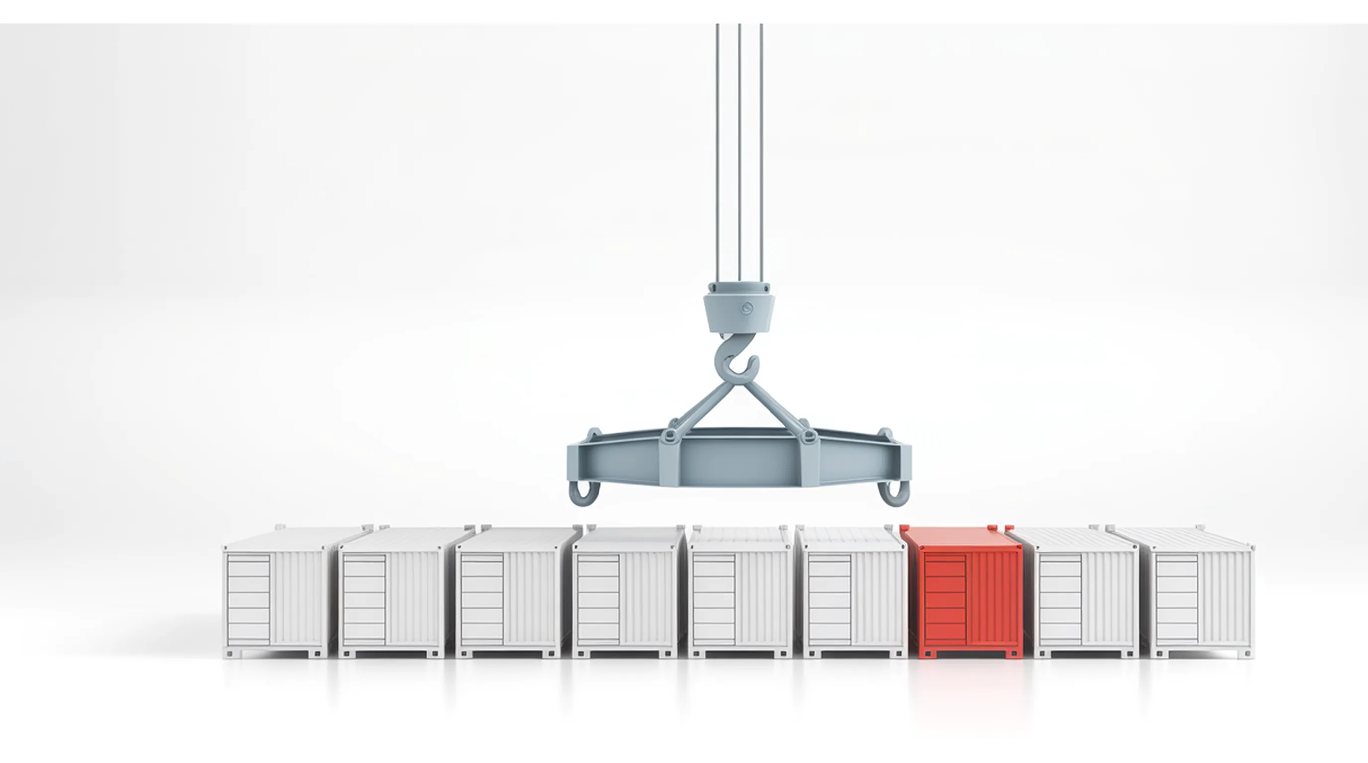 A machined white container-crane spreader hook suspended above a row of miniature white shipping containers, one container door anodised red.