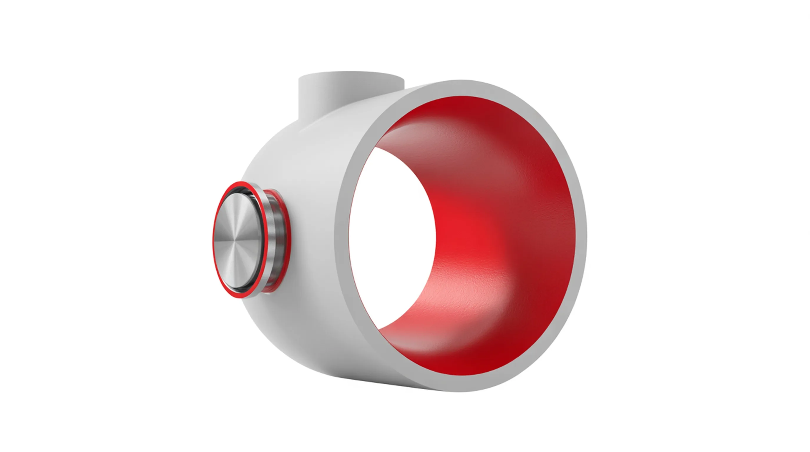 A machined instrument housing with a red-rimmed sensor ring set into its side, against a white and light grey ground.