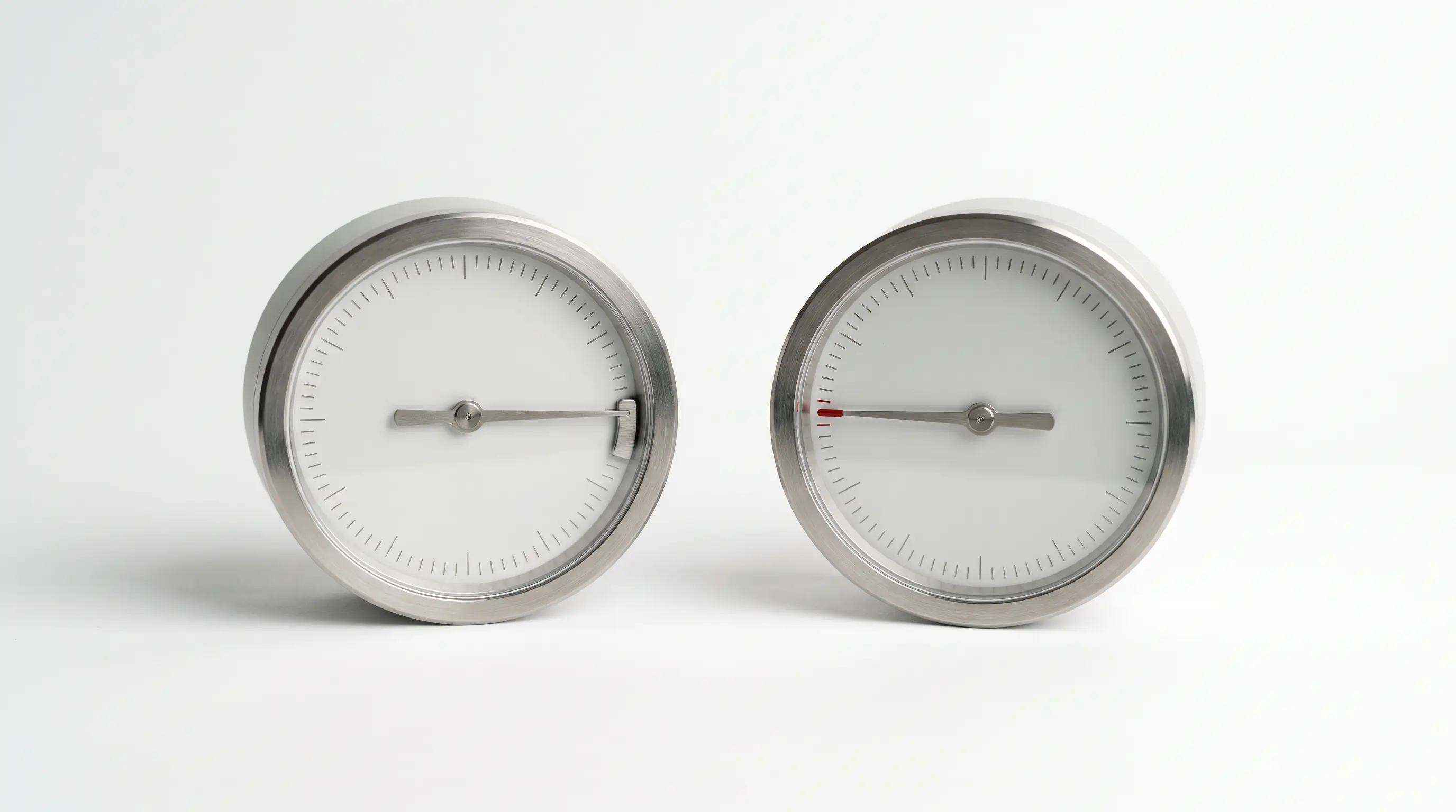 Two machined white dial gauges with brushed steel bezels side by side, the left needle swept to the end of its scale, the right needle resting on a single red tick near the start.