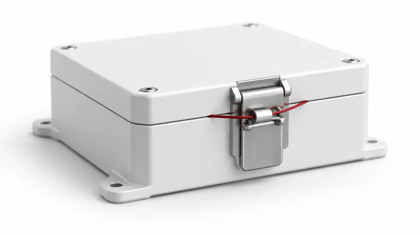 A sealed white data-logger box with a red tamper-seal wire across its latch.
