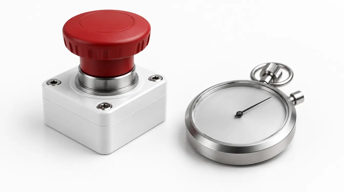 A red emergency-stop button on a white machined control block beside a steel mechanical stopwatch.