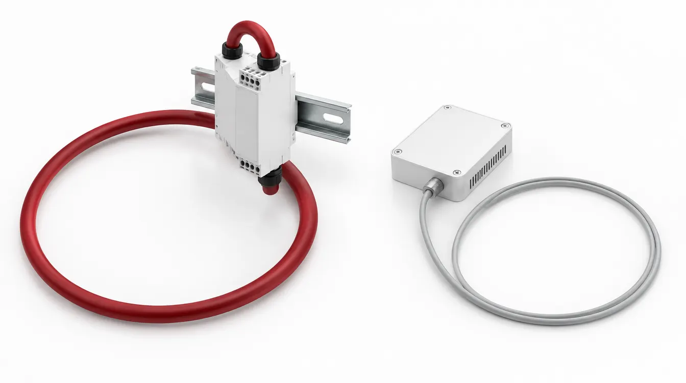 Two separate cable loops side by side: a thick red loop through a white safety relay on a DIN rail, and a thin grey loop to a small compute box.