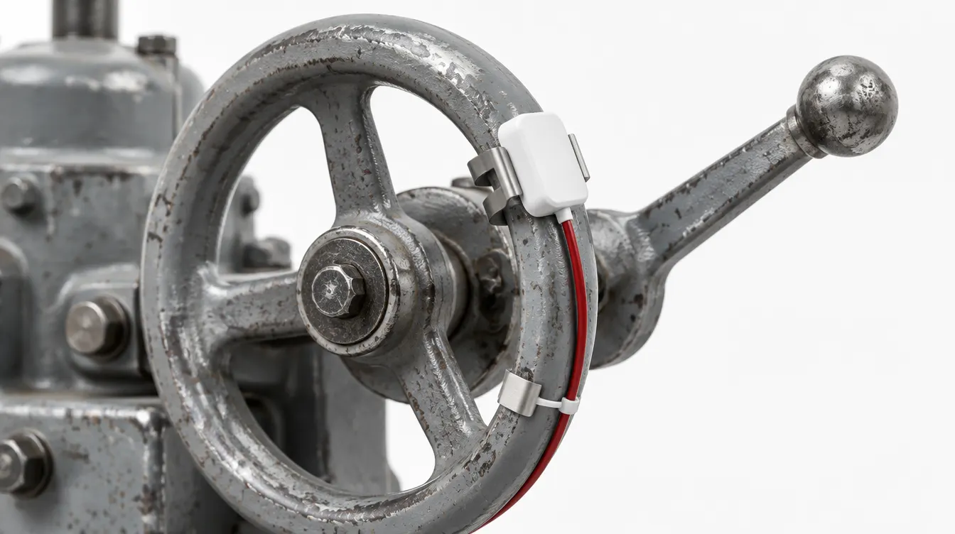 An old grey cast-iron machine handwheel with a new white sensor module clipped on and a red wire running from it.