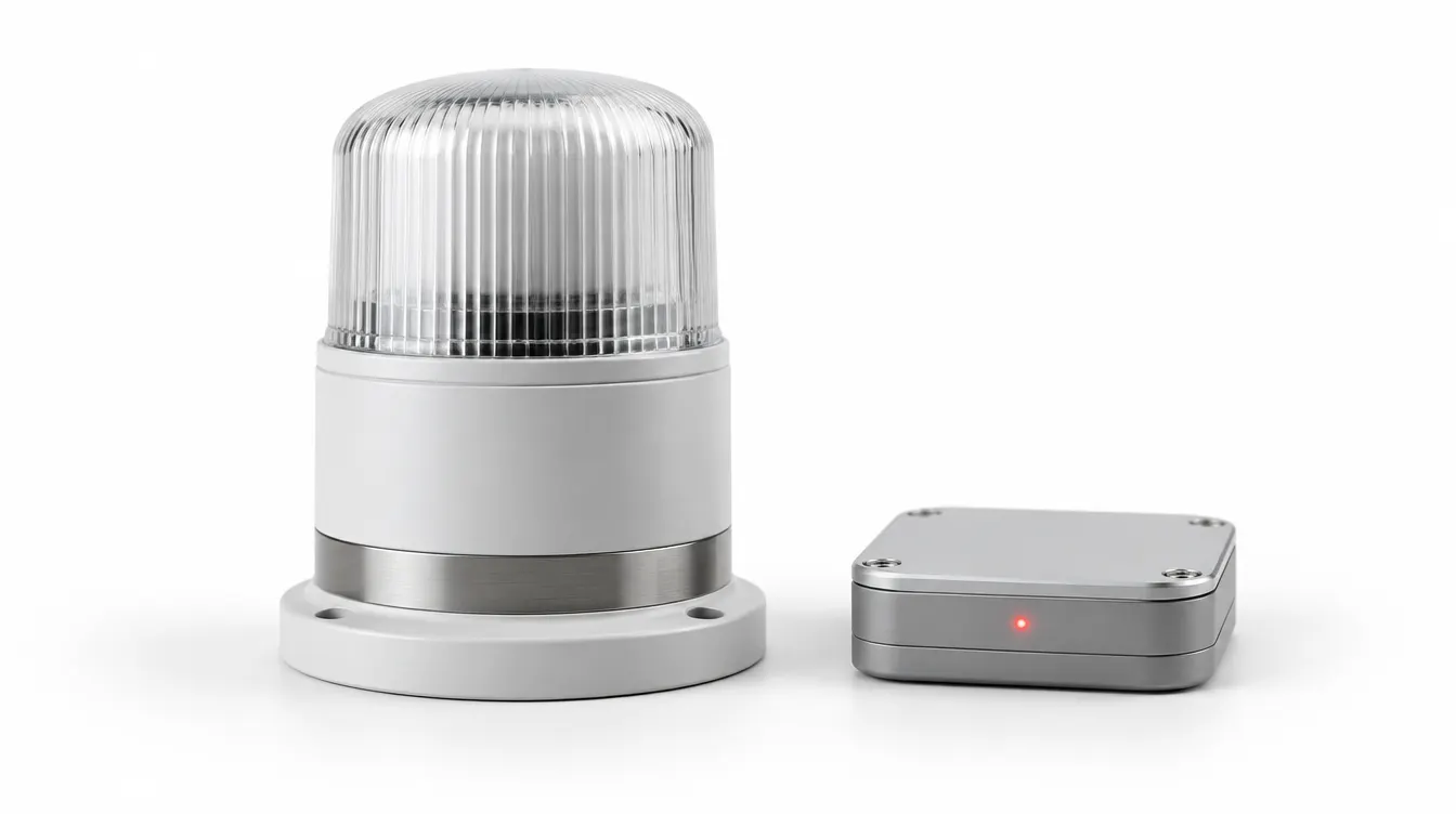 A large unlit white warning beacon beside a small grey module with a faint red light.