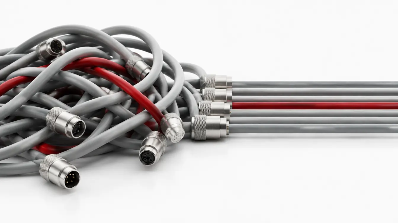 A tangle of grey cables half sorted into straight parallel runs, one cable red.