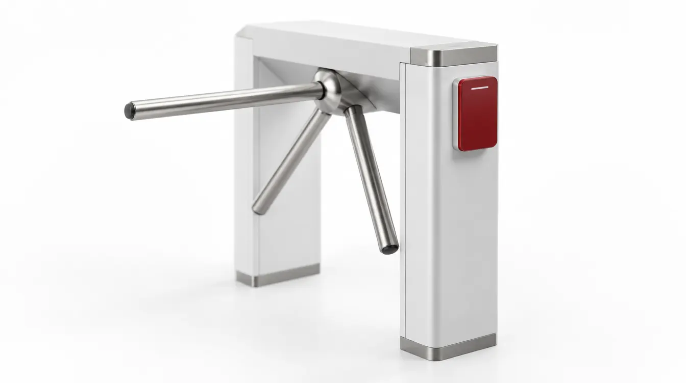 A white scale-model turnstile gate with a red access reader on its post.