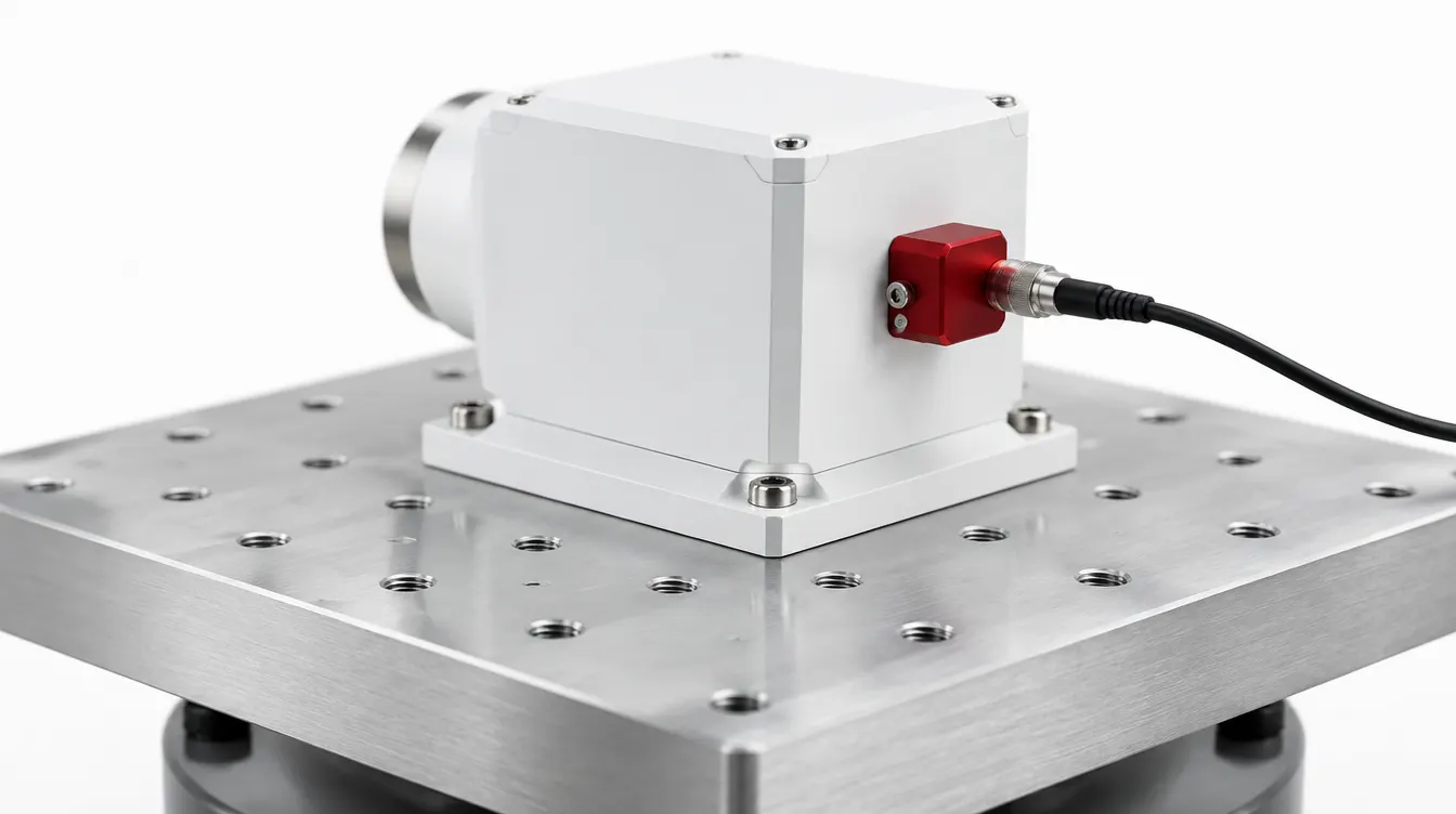 A white instrument unit clamped to a steel vibration test table with a red sensor on its side.