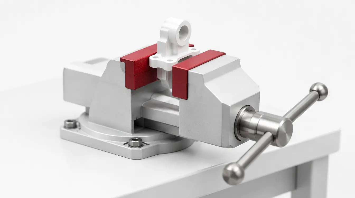 A small white part held in a precision vise with red jaws.