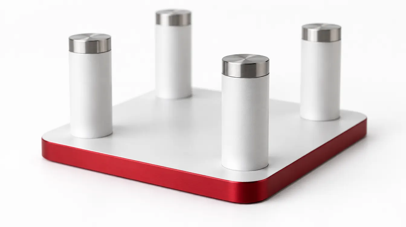 A red-edged white base plate carrying four white columns.