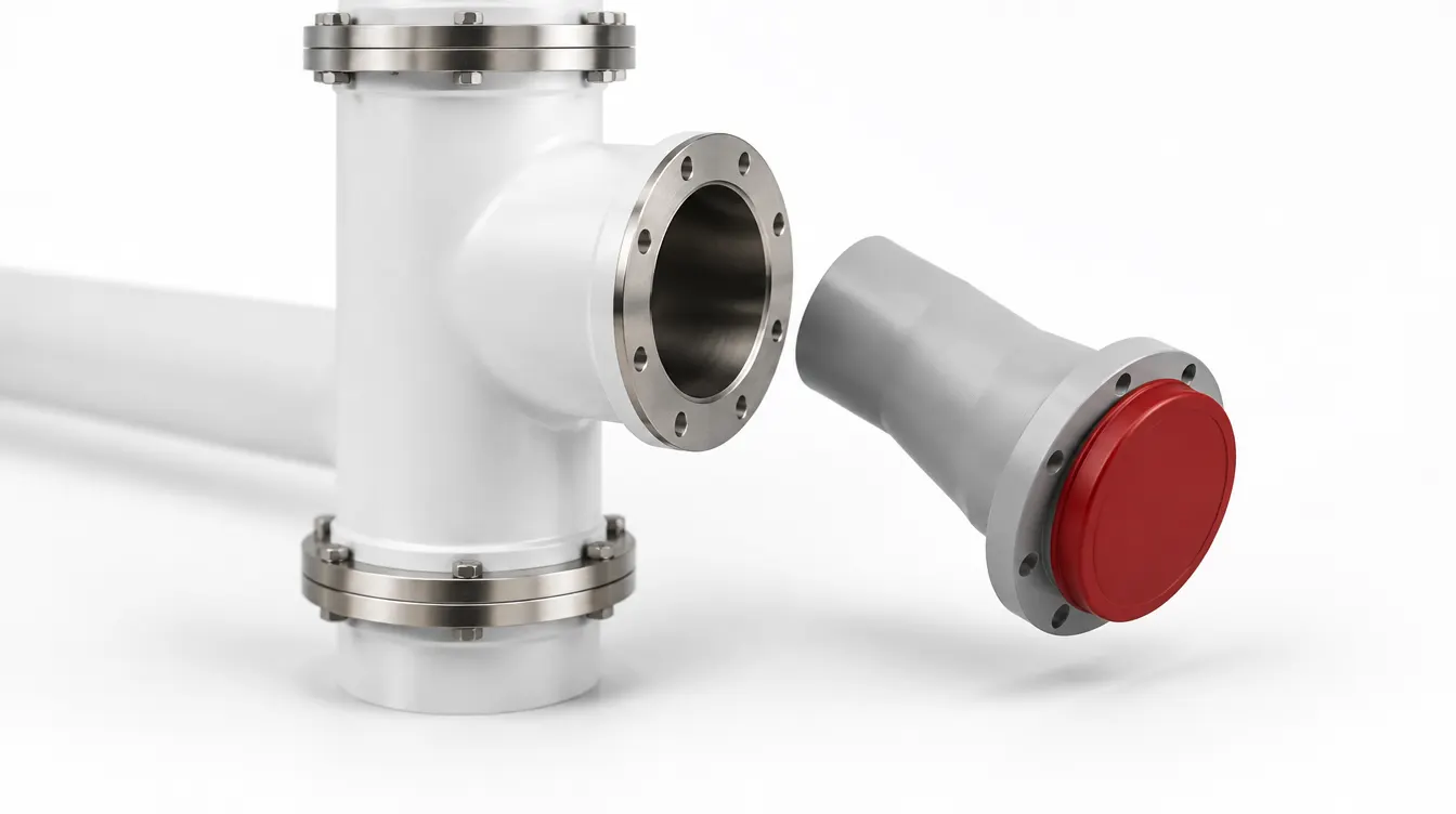 A white pipe assembly with a disconnected grey branch capped in red.