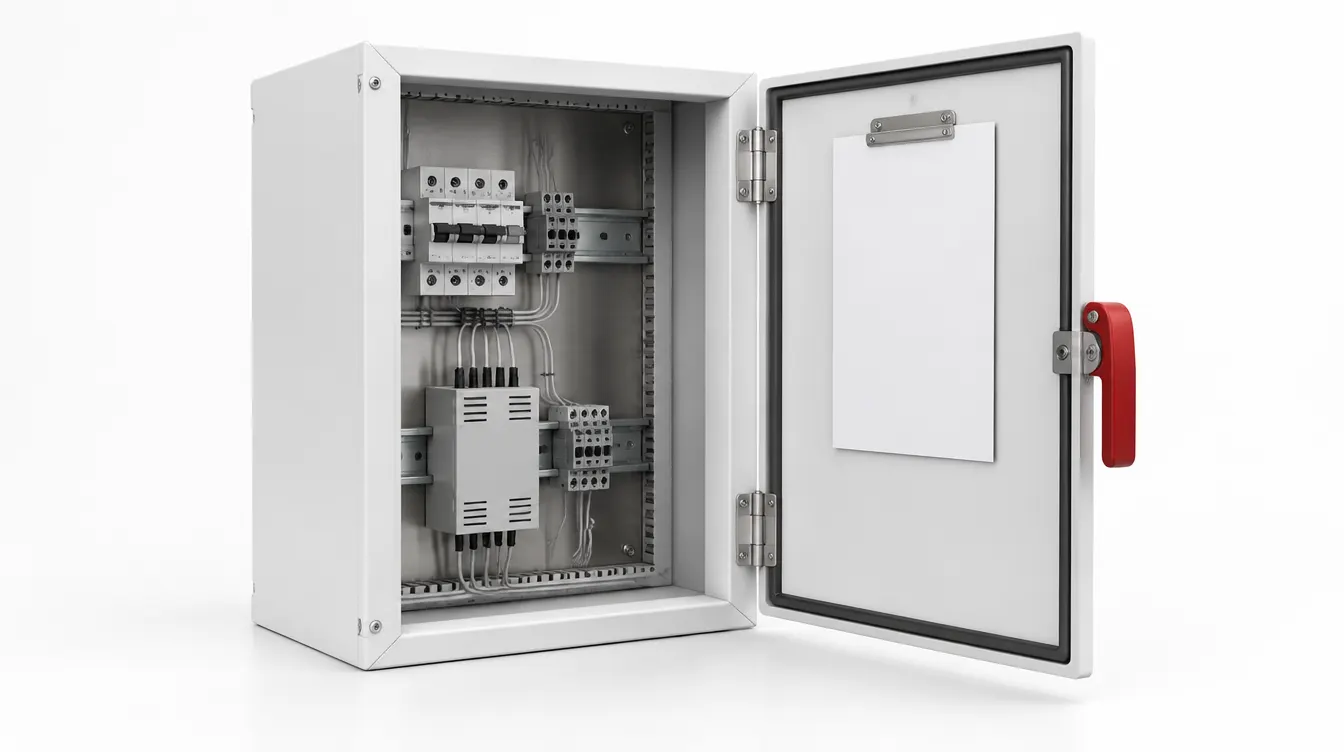 An open white control cabinet with a blank instruction card inside the door and a red handle.