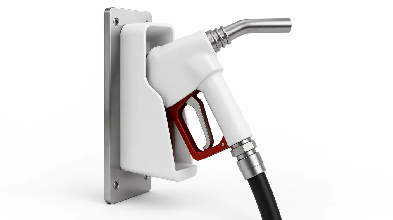 A white fuel dispenser nozzle in its holster, the trigger guard red.