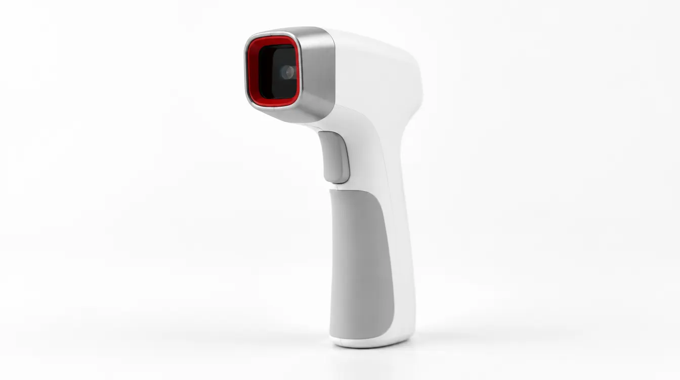 An unbranded white handheld infrared scanner, its sensor window ringed in red.