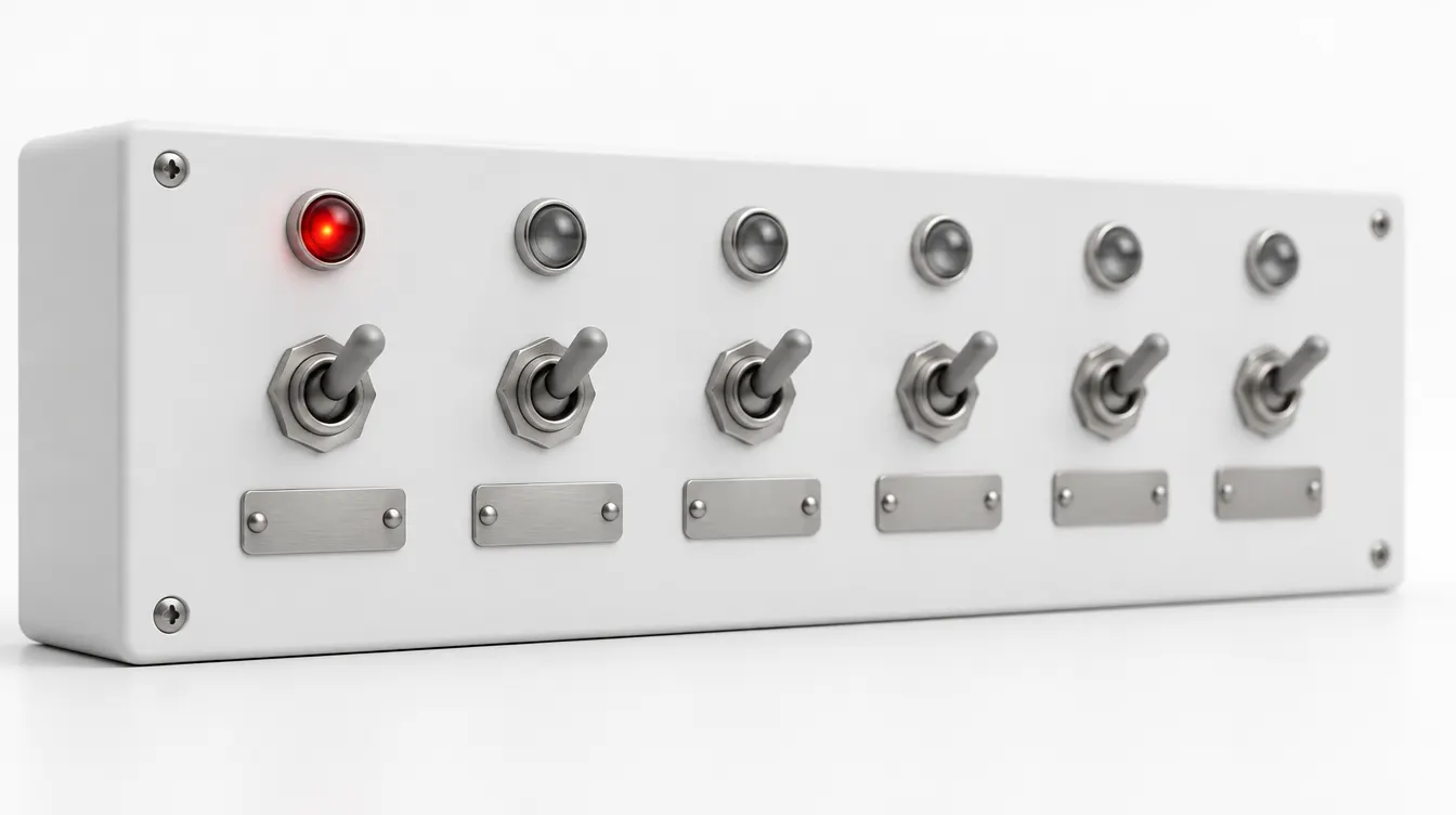 A white control panel with grey toggle switches over blank nameplates and one red lamp lit.