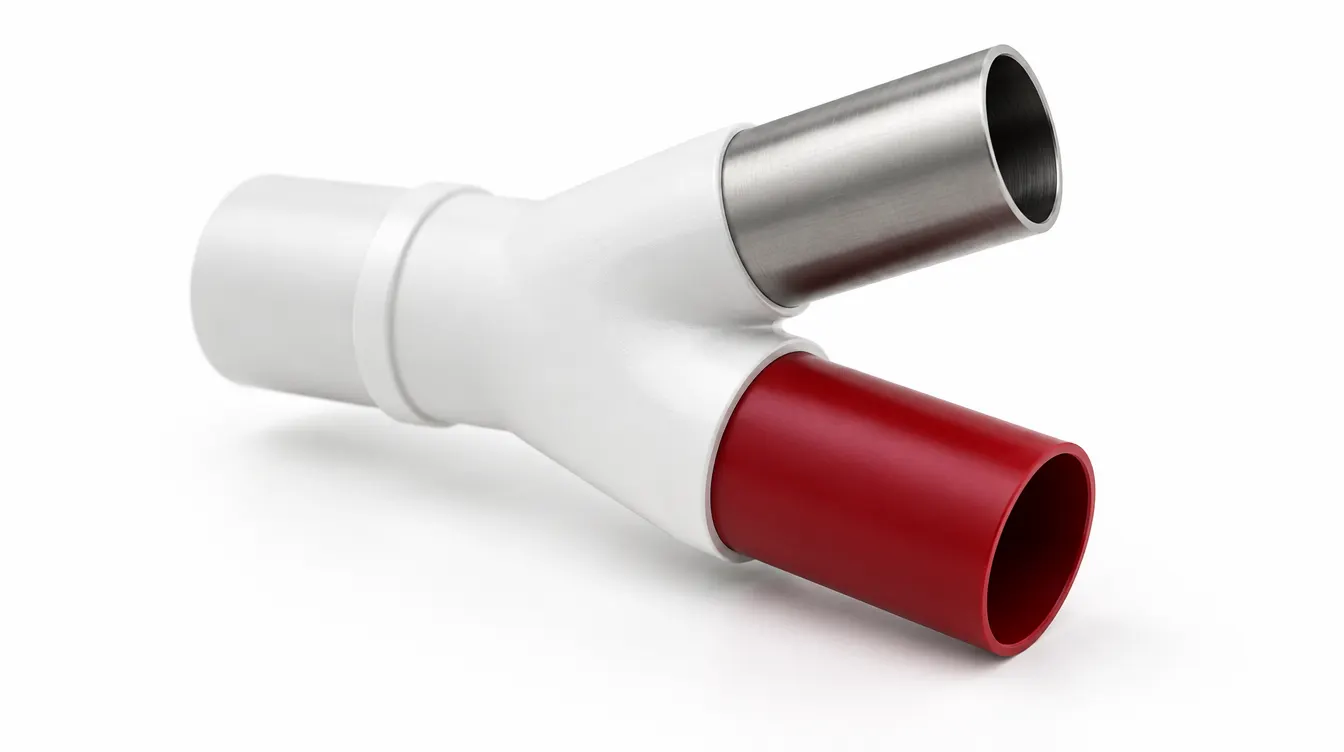 A white pipe junction splitting one inlet into a steel outlet and a red outlet.