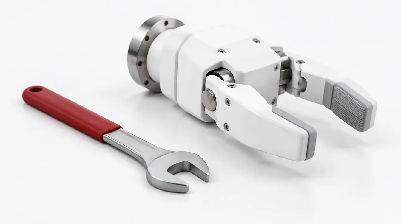A red-handled steel spanner beside an elaborate unused white robotic gripper.