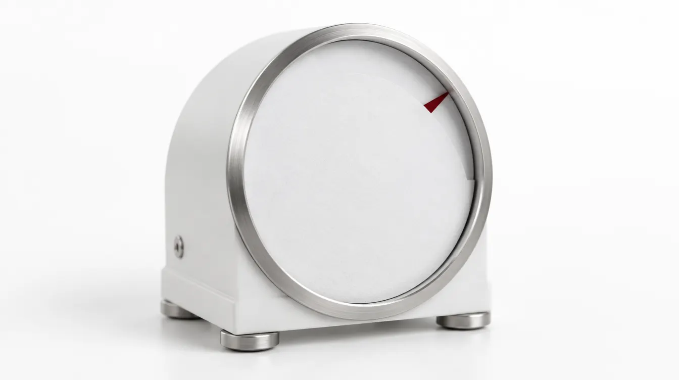 A white analogue meter with its scale covered by a blank card, only the red needle tip showing.
