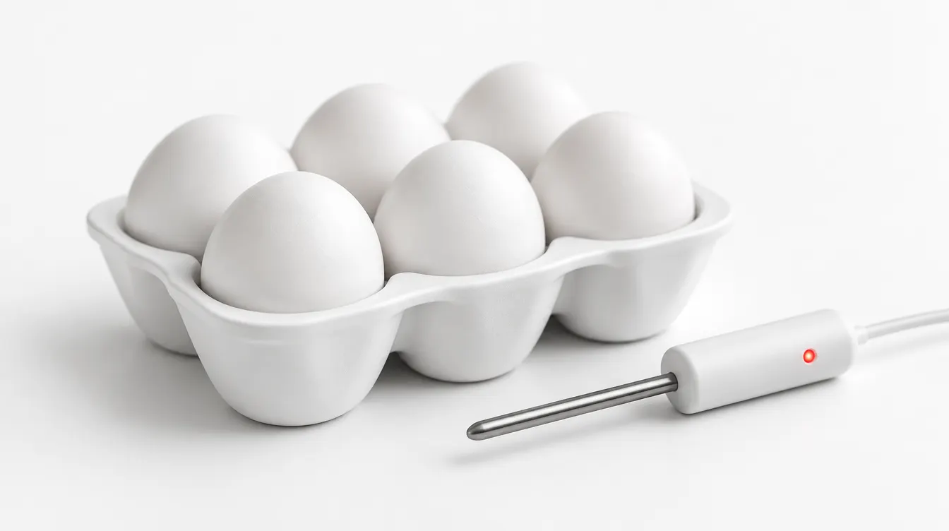 White eggs in a moulded tray beside a small white temperature probe with a red light.