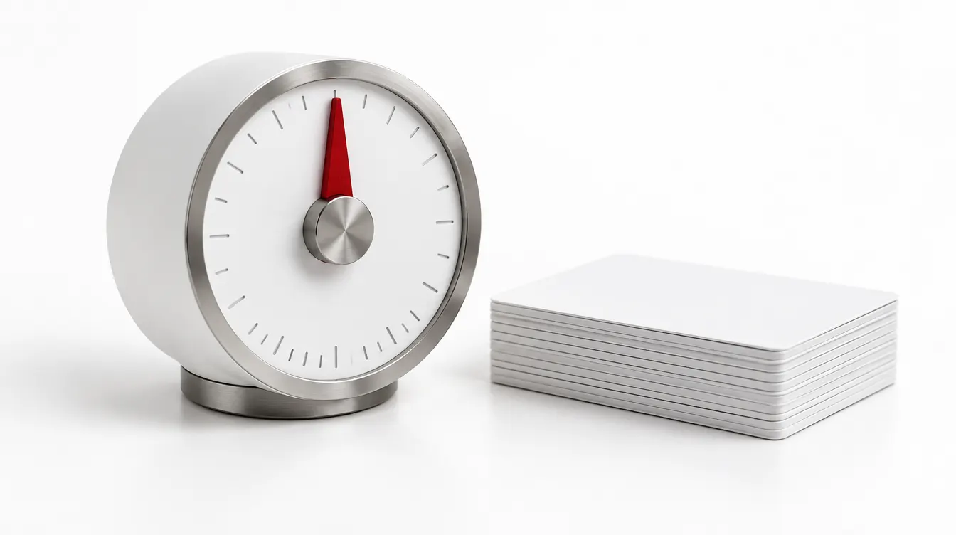 A white mechanical timer with a red pointer beside a short stack of white cards.