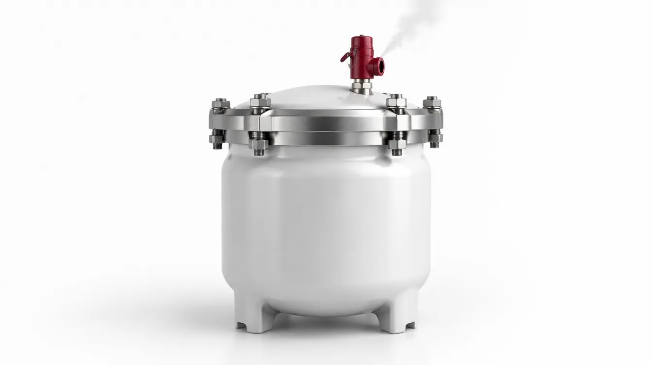 A white pressure vessel clamped shut, a red relief valve on top releasing a wisp of vapour.