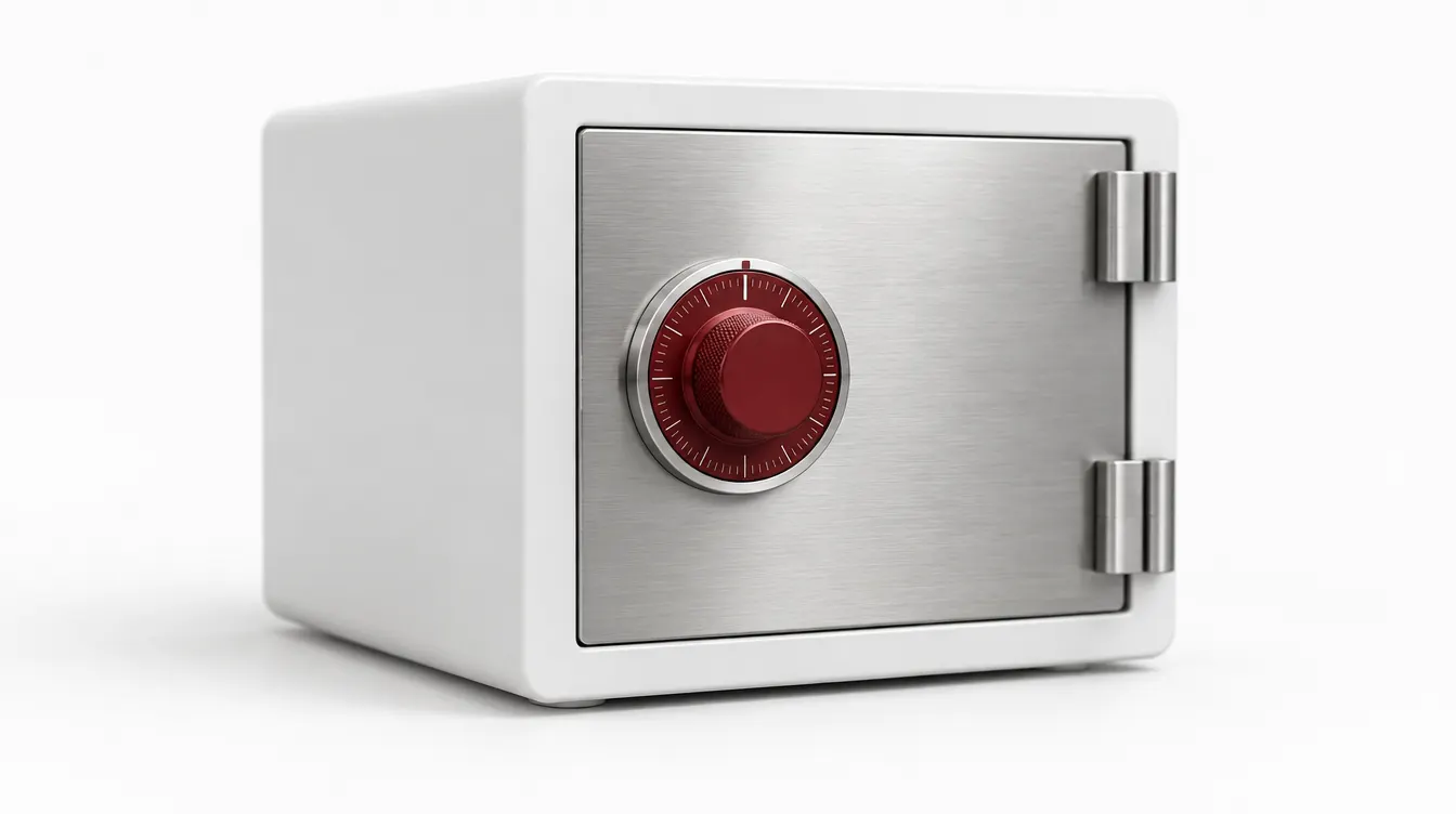 A white safe with a steel door and a red combination dial.