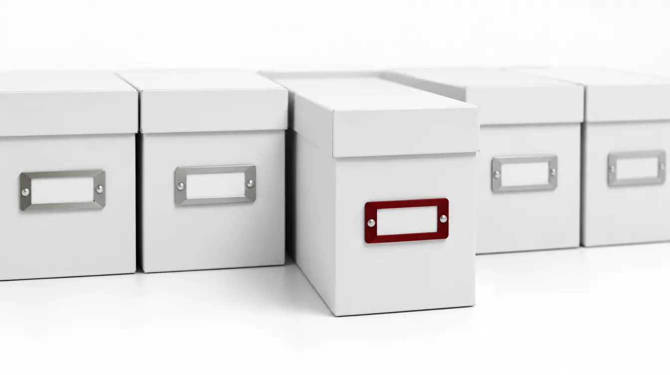 A row of white archive boxes with one pulled out of line, its label holder red.
