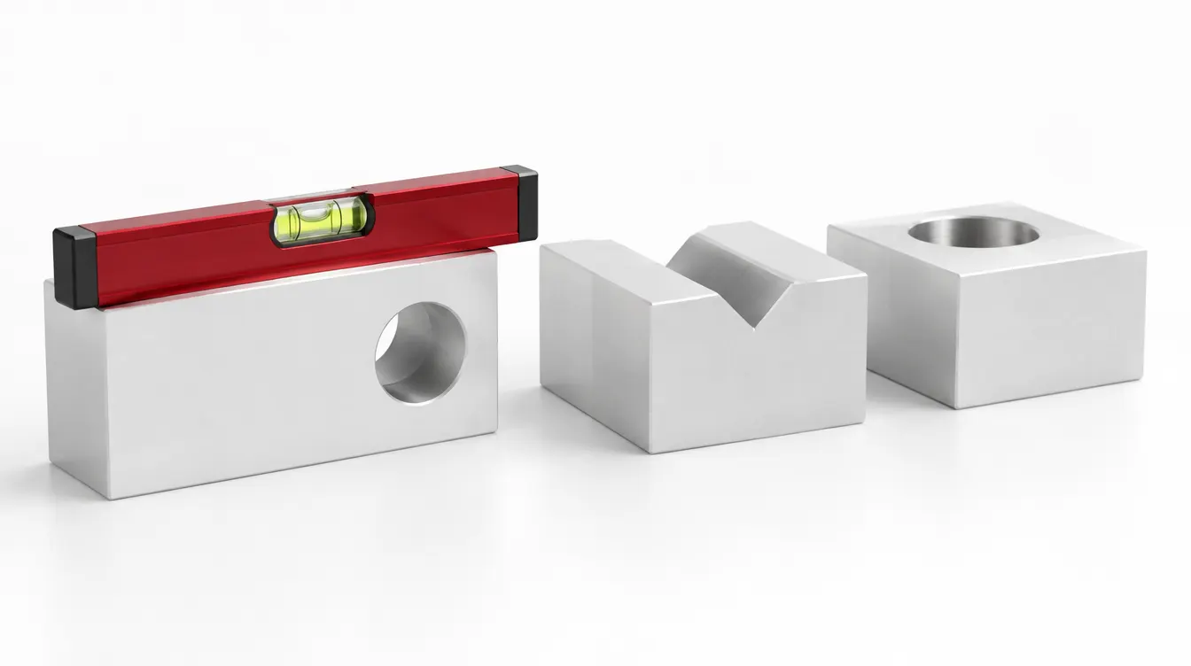 Three white blocks in a row, a red spirit level resting on the first.