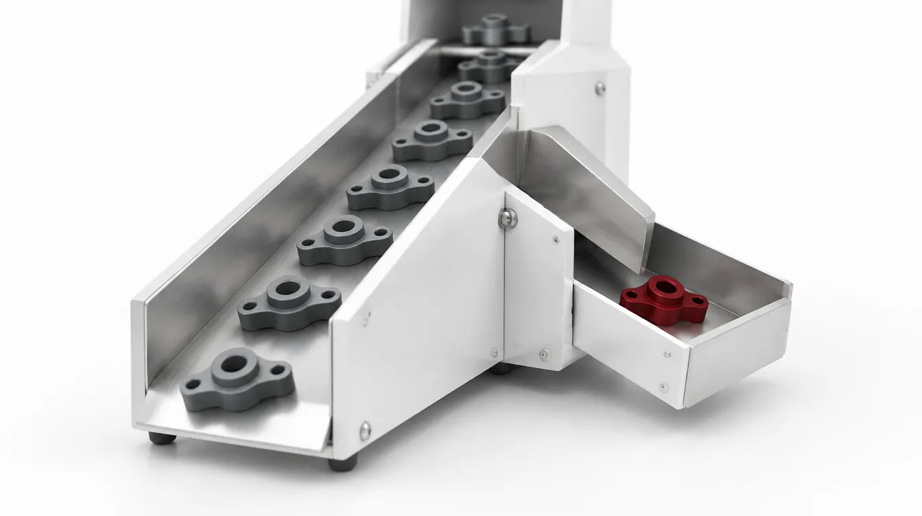 A white parts sorter diverting a single red part into a side tray while grey parts carry on.