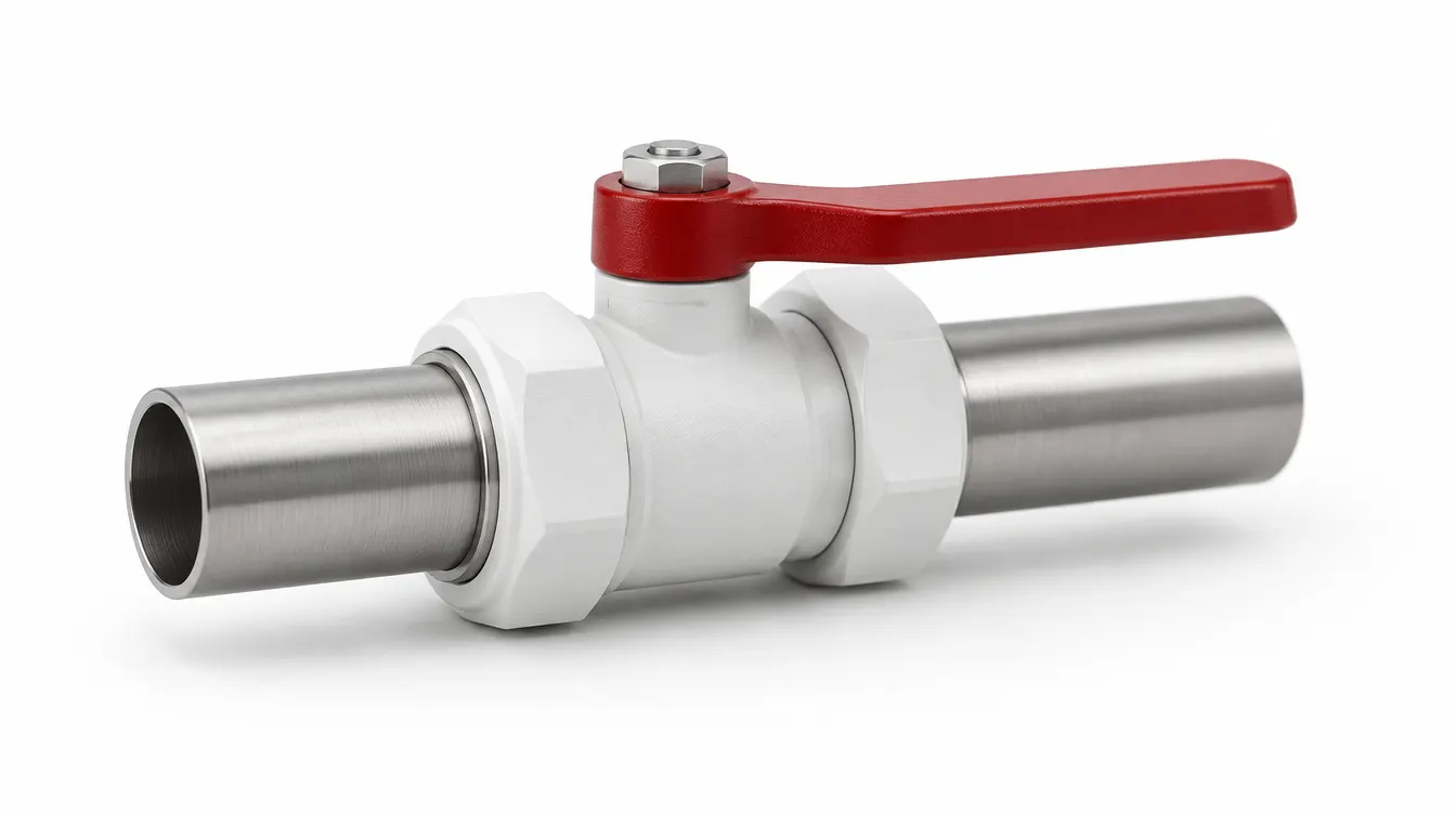 A white inline valve on a steel pipe with its red handle turned to closed.