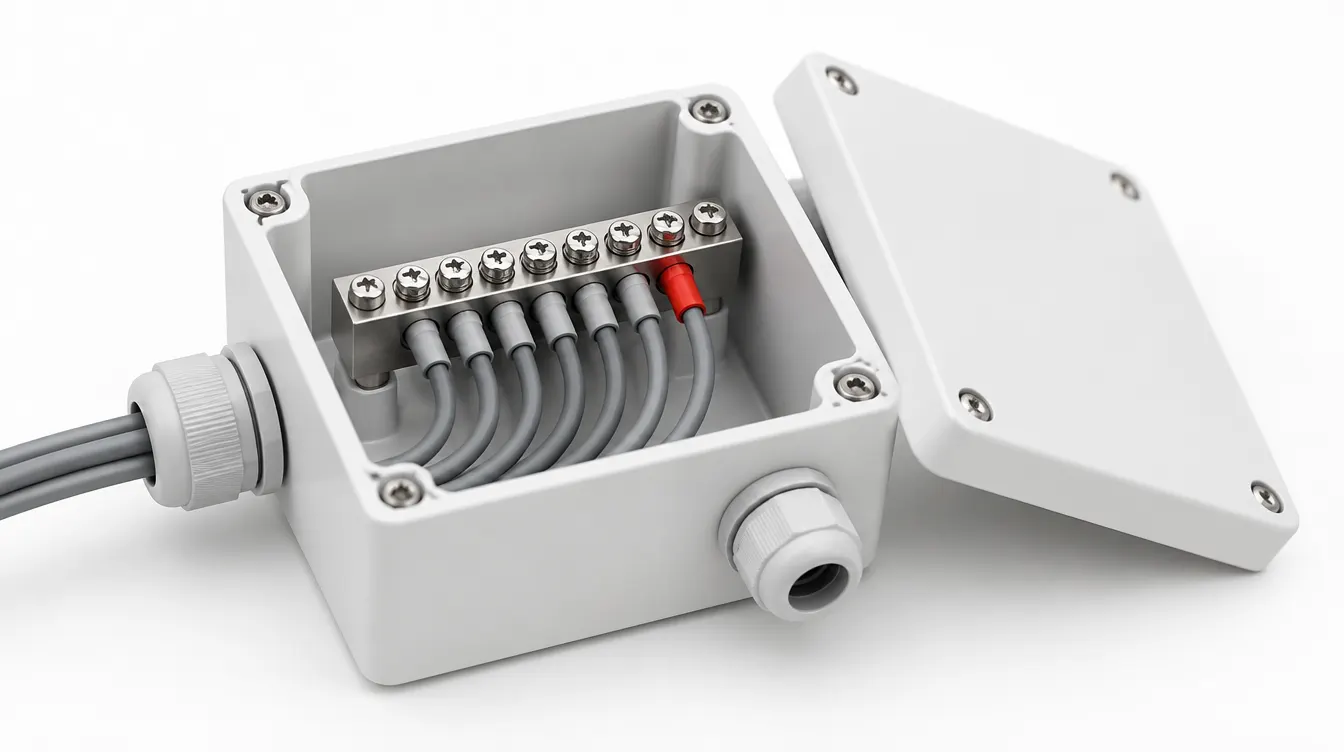An open white junction box with neatly terminated grey wires, one terminal with a red ferrule.