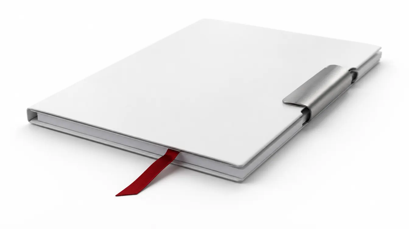 A closed white document folder with a steel clip and a red ribbon bookmark.