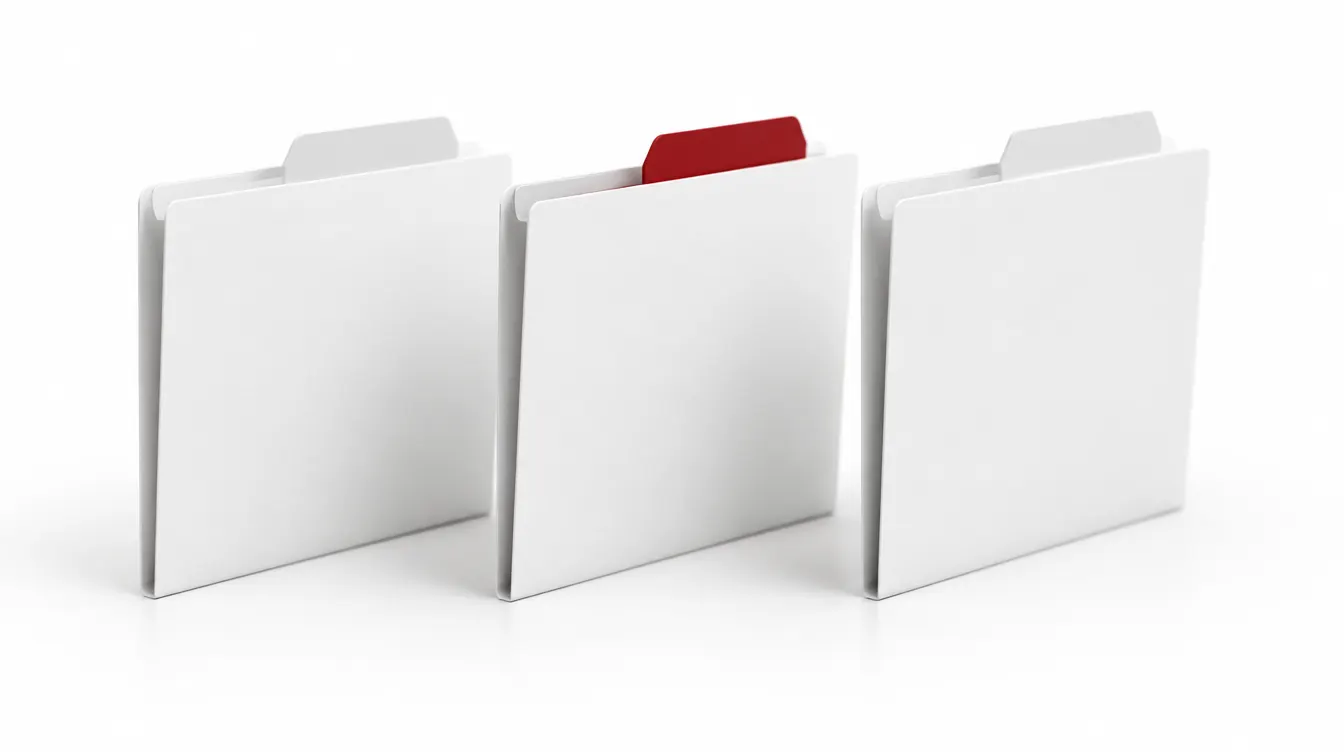 Three white file folders standing in a row, the middle tab red.