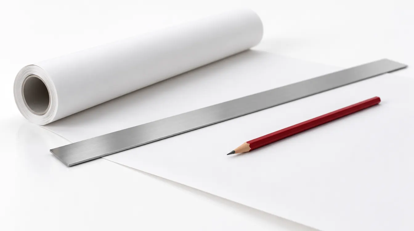 Blank drafting paper partly unrolled under a steel ruler, with a red pencil.